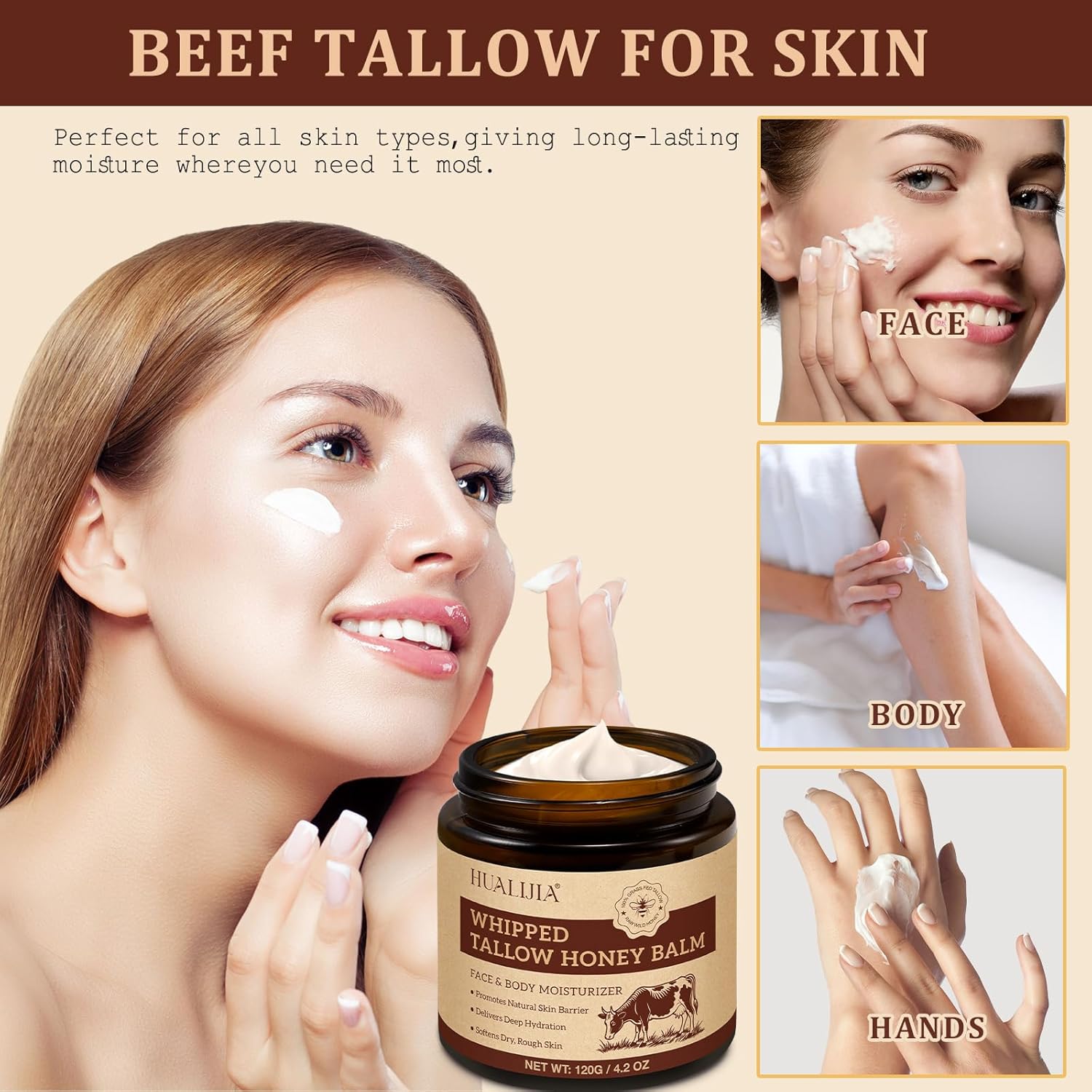 Tallow And Honey Balm (120G), Beef Tallow For Skin, Tallow Face Moisturizer, Organic Grass Fed Whipped Beef Tallow Cream, Deeply Hydrates And Moisturizes Face Body, Fast Absorption, Glass Bottle