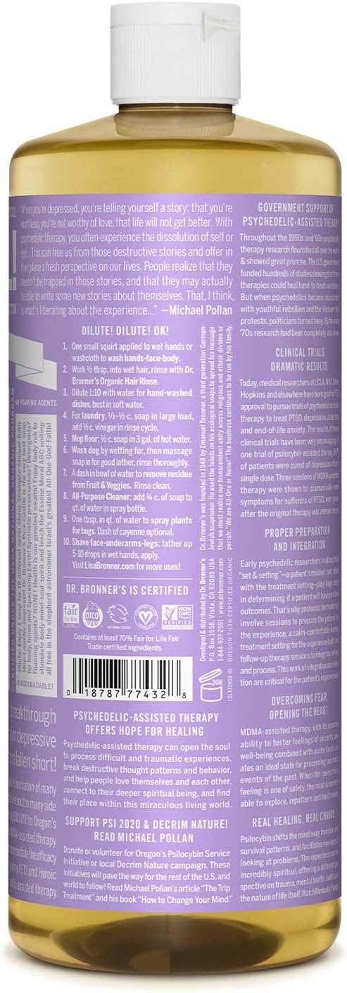 Dr. Bronner's - Pure-Castile Liquid Soap (Lavender, 32 ounce) - Made with Organic Oils, 18-in-1 Uses: Face, Body, Hair, Laundry, Pets and Dishes, Concentrated, Vegan, Non-GMO