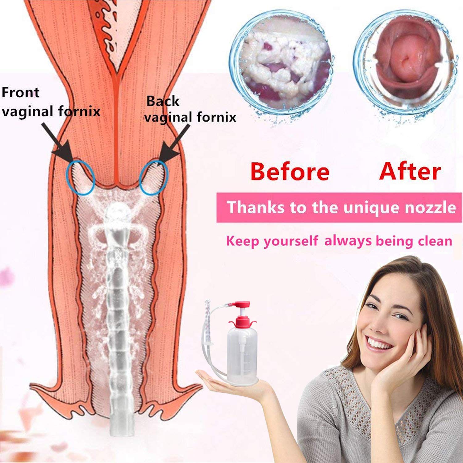 Vaginal Cleaning Syringe Cleaner Reusable Manual Pressure Cleaning System Portable Kit with 3 Nozzles,600ml Capacity : Health & Household