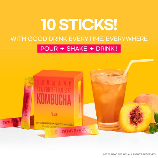 Sunmanc Kombucha 10 Packets, Sparkling Probiotic Fermented Drink, Convenient Powdered Drink Mix, Tea Powder, Low Calories, Sugar 0G, Low Caffeine (Peach)