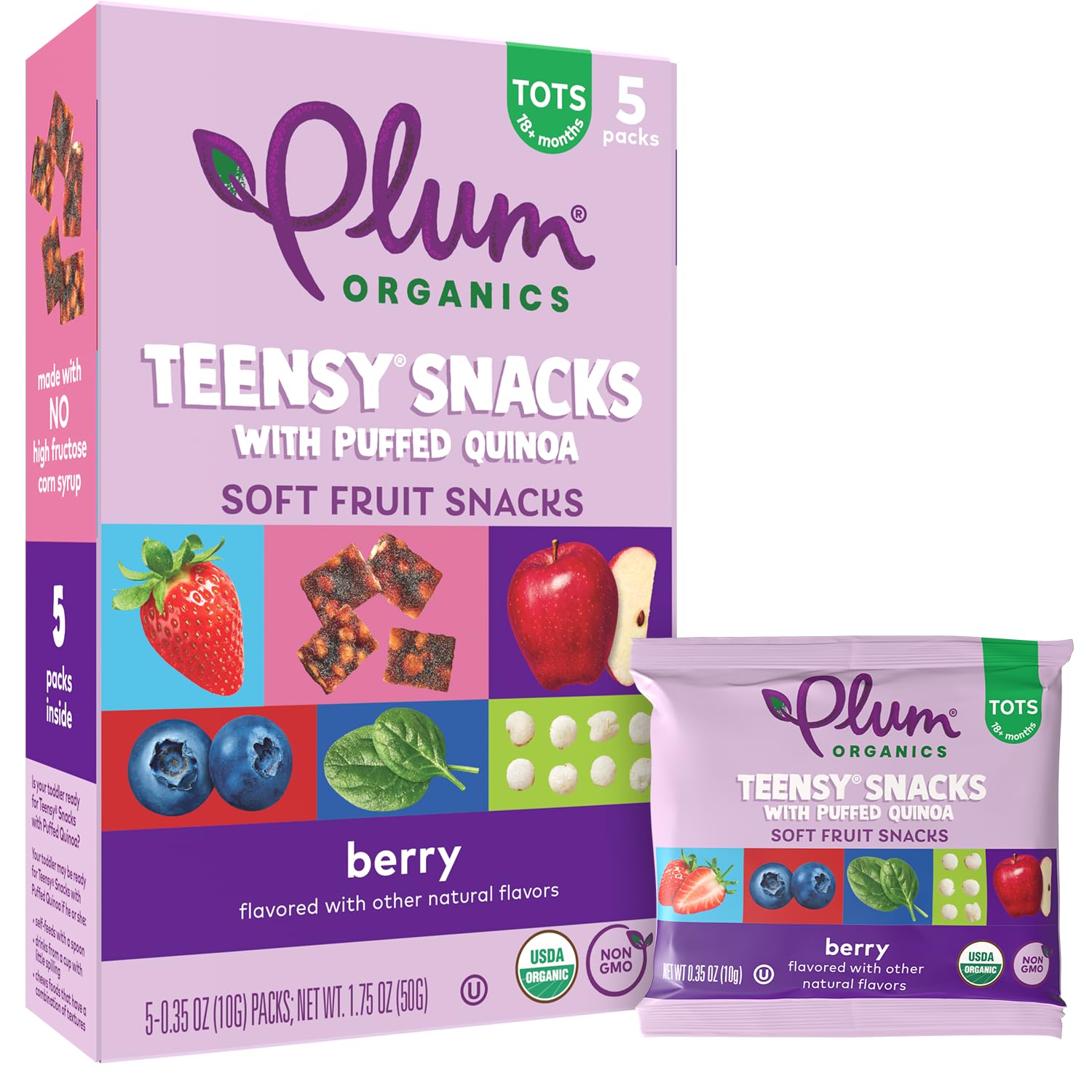 Plum Organics Teensy Snacks Soft Fruit Snacks - Berry with Puffed Quinoa - 0.35 oz Bags (Pack of 5) - Organic Toddler Food Fruit Snacks