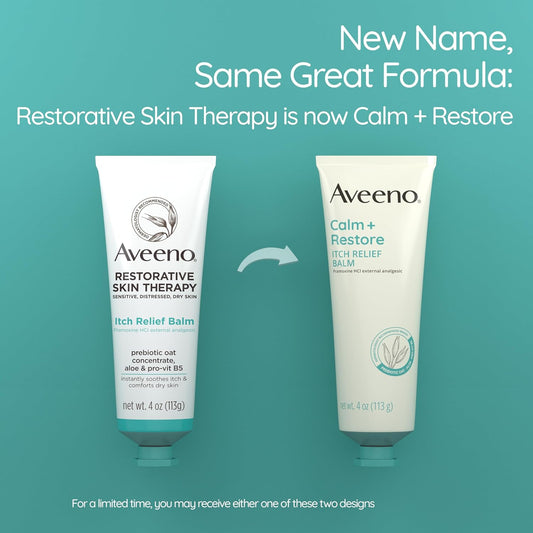 Aveeno Calm + Restore Itch Relief Body Balm For Sensitive, Delicate Skin, Pramoxine Hcl Anti Itch Balm With Prebiotic Oat, Aloe & Pro-Vitamin B5 To Sooth Skin, Fragrance Free, 4 Oz