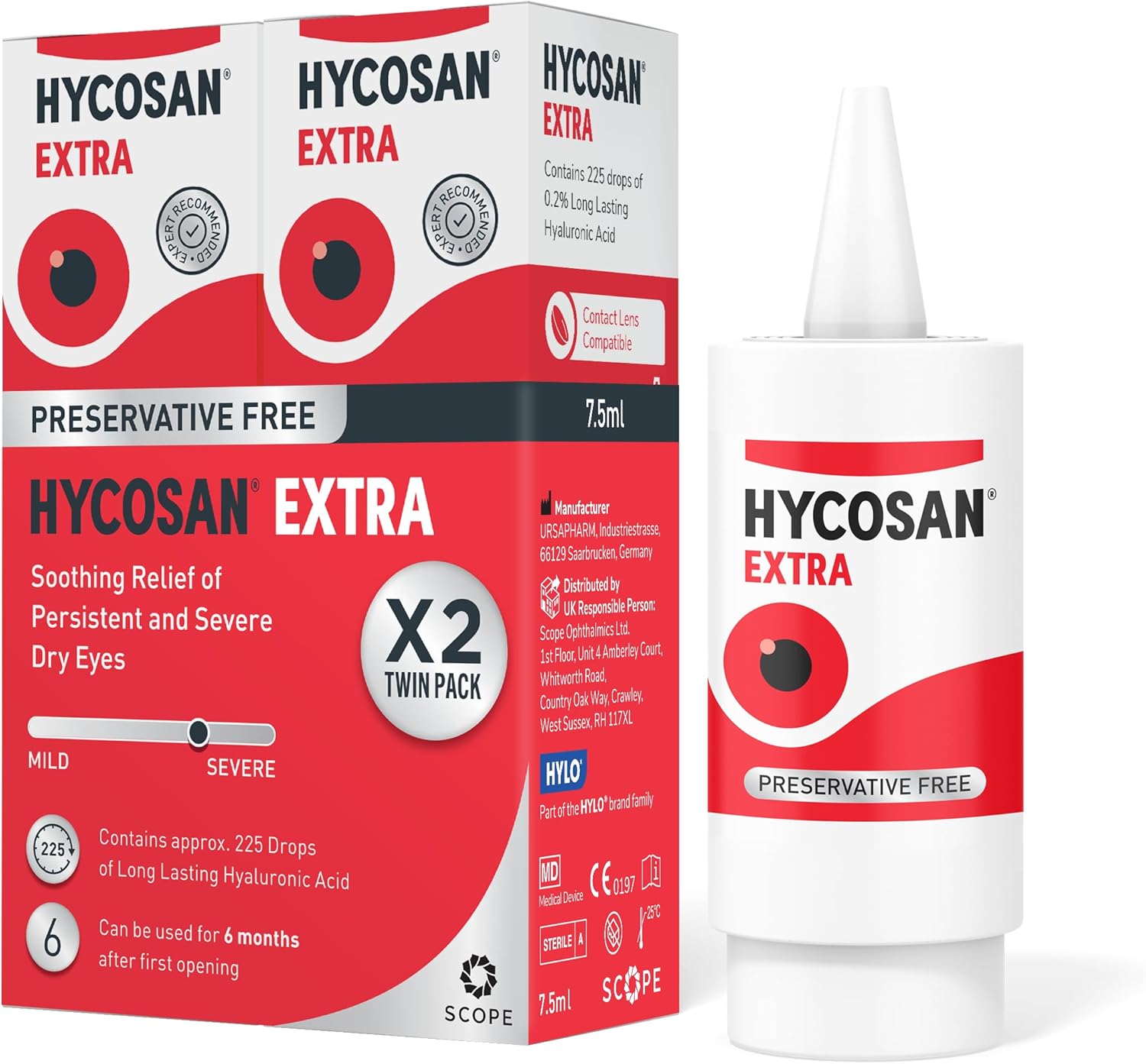 Hycosan Extra - Twin Pack - Eye Drops With Hyaluronic Acid For Soothing Relief Of Severe And Persistent Dry Eyes - Contact Lens Compatible - Preservative Free - 2 X 225 Measured Doses