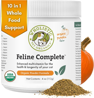 Wholistic Pet Organics Feline Complete: Cat Multivitamins Powder - Immune Support Supplements for Cats - Antioxidants - Organic Pumpkin Flavor - 4 oz