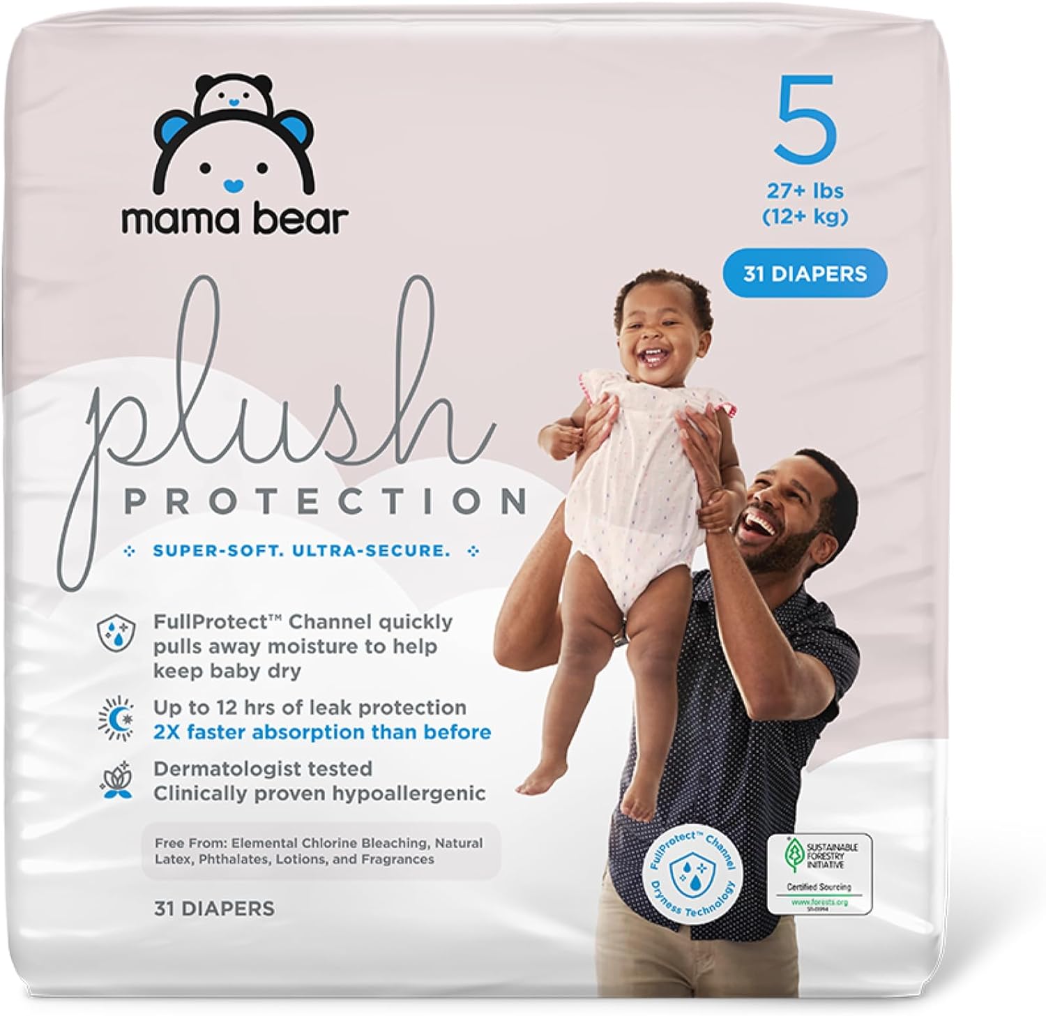 Mama Bear Plush Protection Diapers, Hypoallergenic, Size 5, 31 Count, White and Cloud Dreams