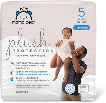 Mama Bear Plush Protection Diapers, Hypoallergenic, Size 5, 31 Count, White and Cloud Dreams