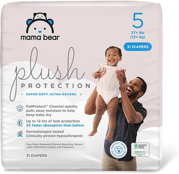 Amazon Brand - Mama Bear Plush Protection Diapers - Size 5, 31 Count, Hypoallergenic Premium Disposable Baby Diapers, White And Cloud Dreams