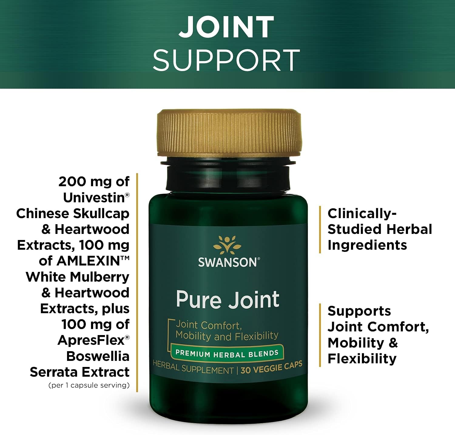 Swanson Pure Joint Health Mobility Flexibility Comfort Cartilage Connective Tissue Support Herbal Supplement 30 Veggie Capsules (Veg Caps) Vegan : Health & Household