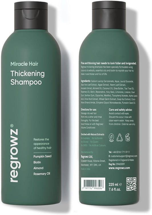 Regrowz Miracle Hair Thickening Shampoo – 2X 225Ml – Organic Biotin & Rosemary Oil Natural Hair Loss Treatment For Men & Women- Rosemary Shampoo For Hair Growth- Dht Blocker Shampoo