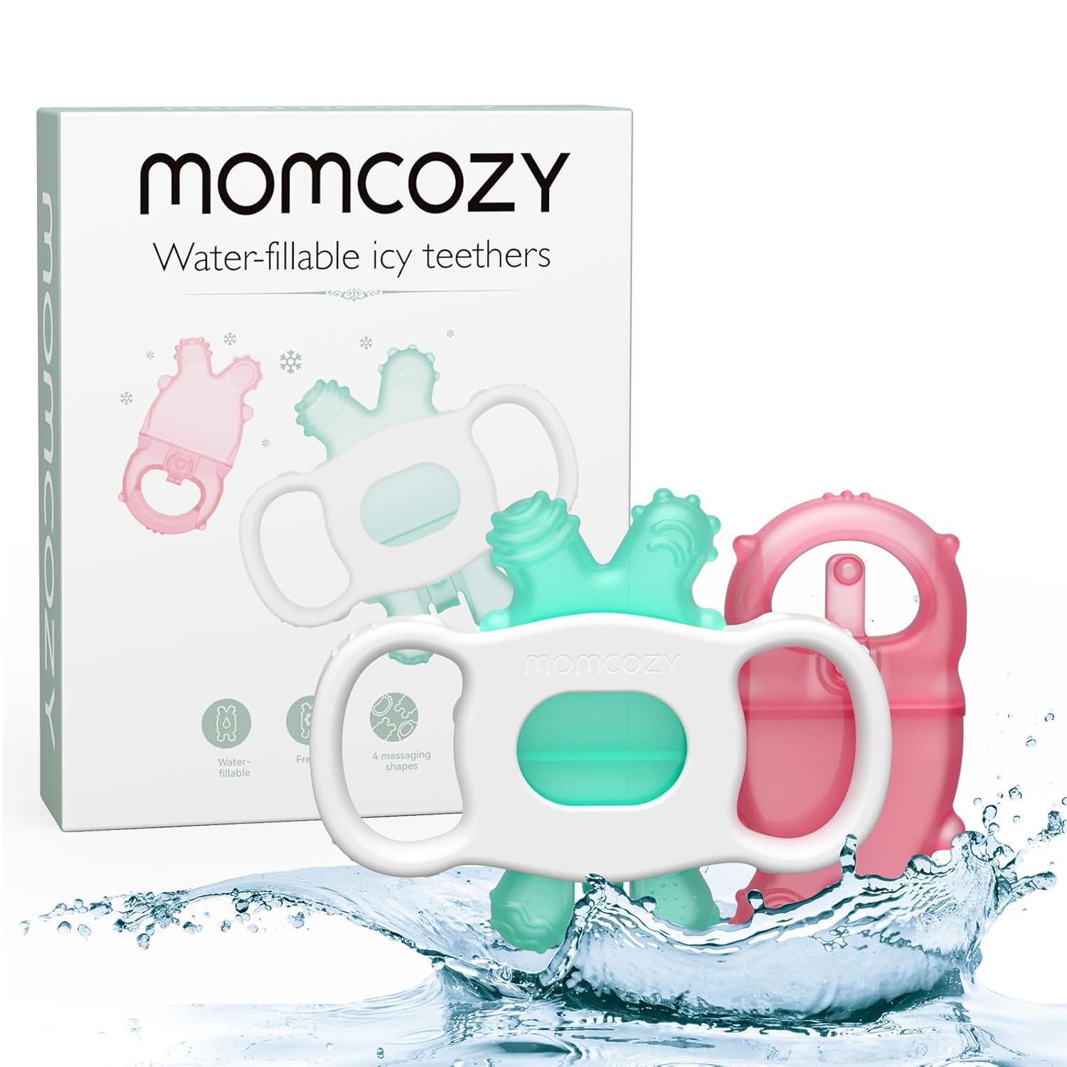 Momcozy Baby Teether Toys, Water Fillable Teether Silicone Cold Teether, Baby Teething Toys Chill Teether, Baby Water Teether For Teething Relief 0-12 Months, Green And Pink 2 Pcs