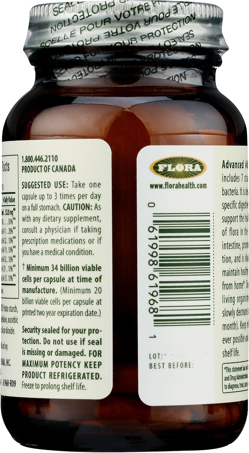 Flora - Advanced Adult'S Blend Probiotic, Seven Senior-Specific Strains, Gluten Free, Raw Probiotic With 34 Billion Cells, 30 Capsules : Health & Household