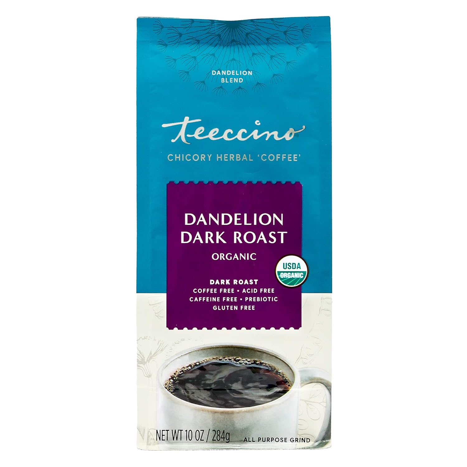 Teeccino Dandelion Dark Roast Herbal Coffee - Caffeine-Free Coffee Alternative With Prebiotics, Gluten Free, Acid Free, Organic - 10 Oz