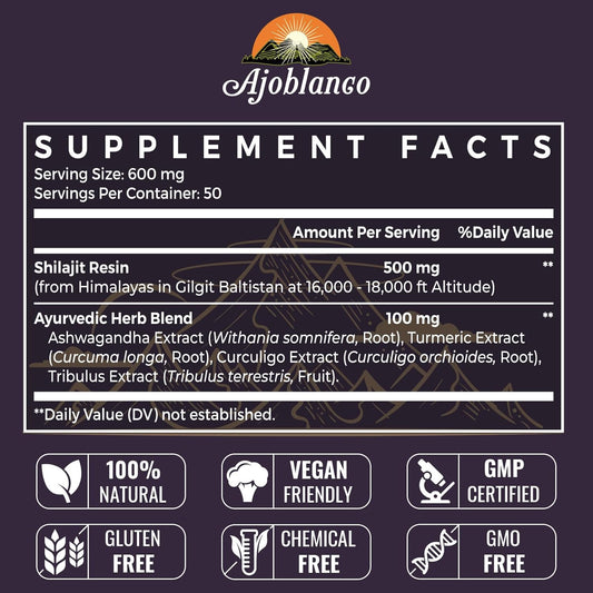 Ajoblanco 600Mg Shilajit Pure Himalayan Organic Shilajit Resin - Himalayan Shilajit Resin With Organic Ayurvedic Blend In High Potency For Energy, Strength & Immunity, 30 Grams