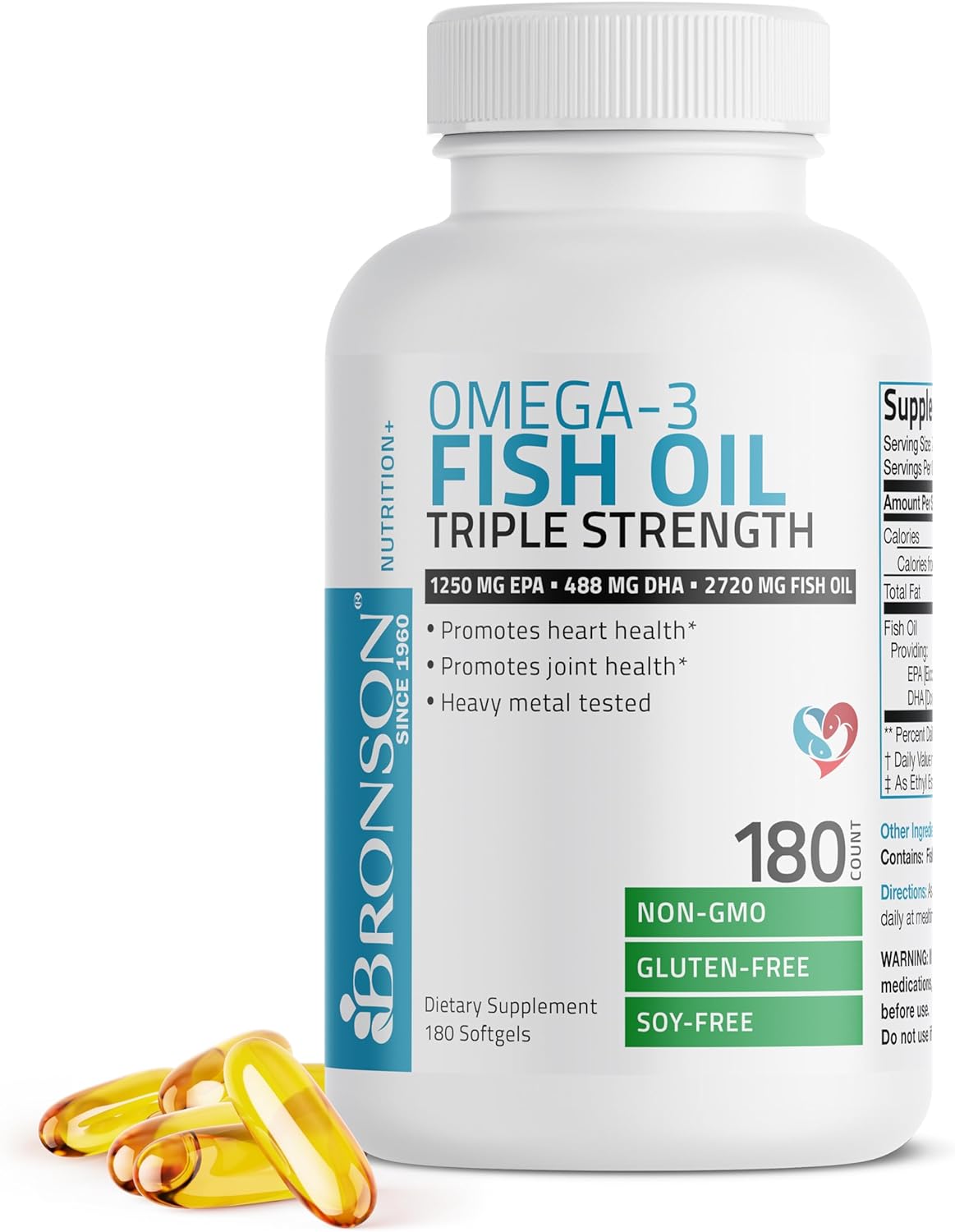 Bronson Omega 3 Fish Oil Triple Strength 2720 mg, High EPA 1250 mg DHA 488 mg, Non-GMO Heavy Metal Tested, 180 Softgels : Health & Household