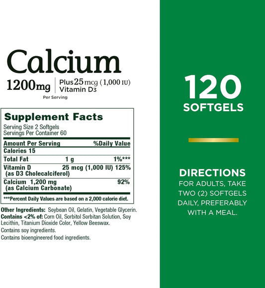 Nature'S Bounty Calcium Carbonate & Vitamin D, Supports Immune Health & Bone Health, 1200Mg Calcium & 1000Iu Vitamin D3, 120 Softgels