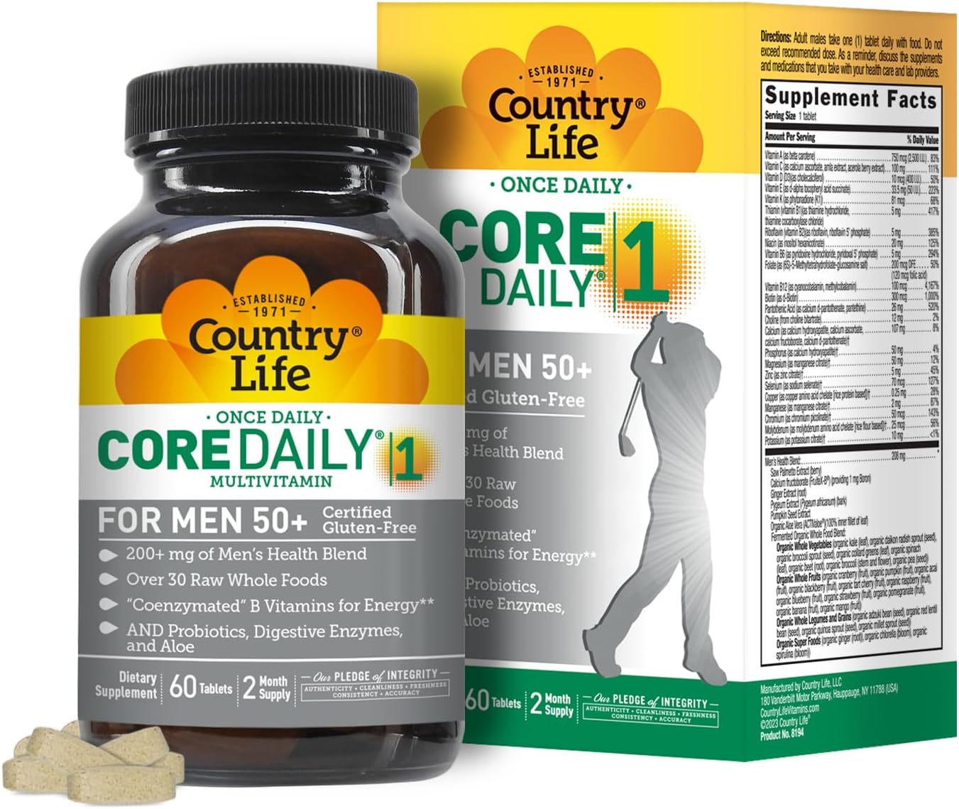 Country Life Core Daily-1 Multivitamin For Men 50+ - Gluten-Free, Energy Support With Coenzymated B Vitamins, Probiotics, Whole Food And Digestive Enzymes, Certified Gluten Free, 60 Tablets