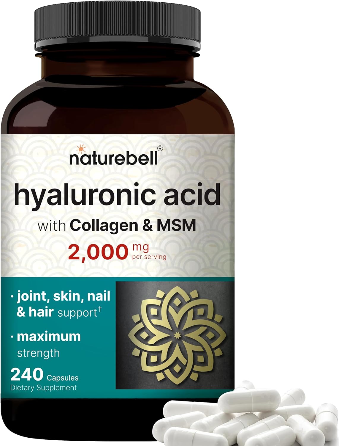 Naturebell Hyaluronic Acid Supplements 2,000*Mg | 240* Capsules, With Msm & Hydrolyzed Bovine Collagen – 3 In 1 Support For Skin Hydration, Joint Lubrication, Hair, And Eye Health