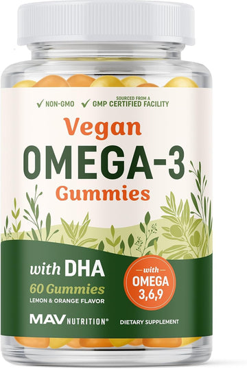 Omega 3 6 9 + Dha Gummies | Plant-Based Triple Omegas From Algae & Chia Seed Oil | With 50Mg Of Dha | Vegetarian, Non-Gmo, Gluten-Free, Essential Fatty Acid Supplements For Adults | 60 Gummies