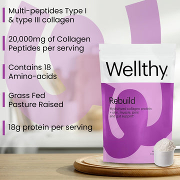 Wellthy Collagen Peptides Protein Powder - Grass Fed Hydrolyzed Collagen For Hair Growth, Skin, Nails, Gut And Joint Support - 20,000Mg Collagen & 18G Protein | Unflavored (15 Servings)