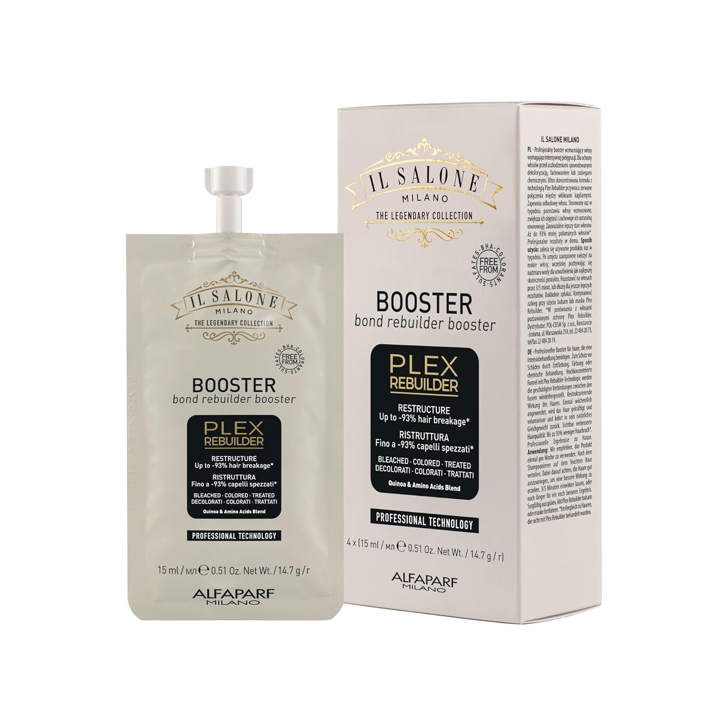 Il Salone Milano Plex Rebuilder Booster - Bonding & Hair Treatment For Enhanced Hair Color, Shine, And Softness - 4 X (0.51 Oz / 15 Ml)