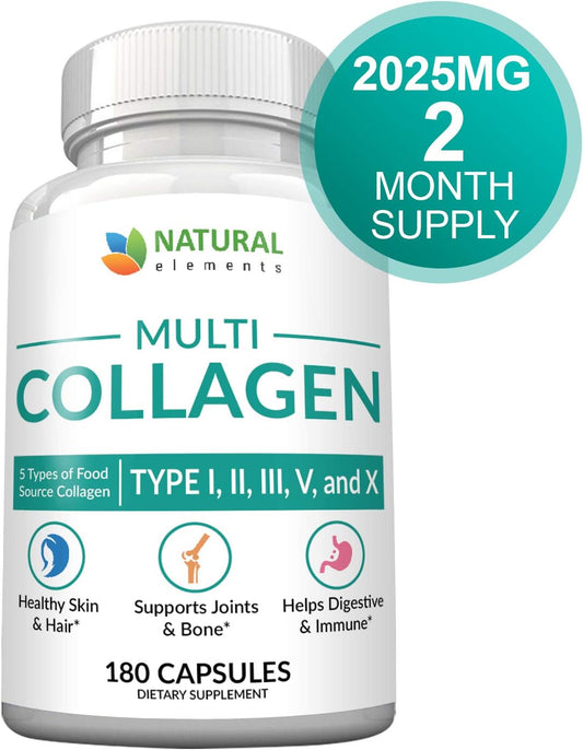 Multi Collagen 180 Protein Capsules - Type I, Ii, Iii, V, X Collagen Pills - Proprietary Blend Of Eggshell, Chicken, Wild Fish & Grass-Fed Beef Collagen Peptides - 2025Mg Per Serv