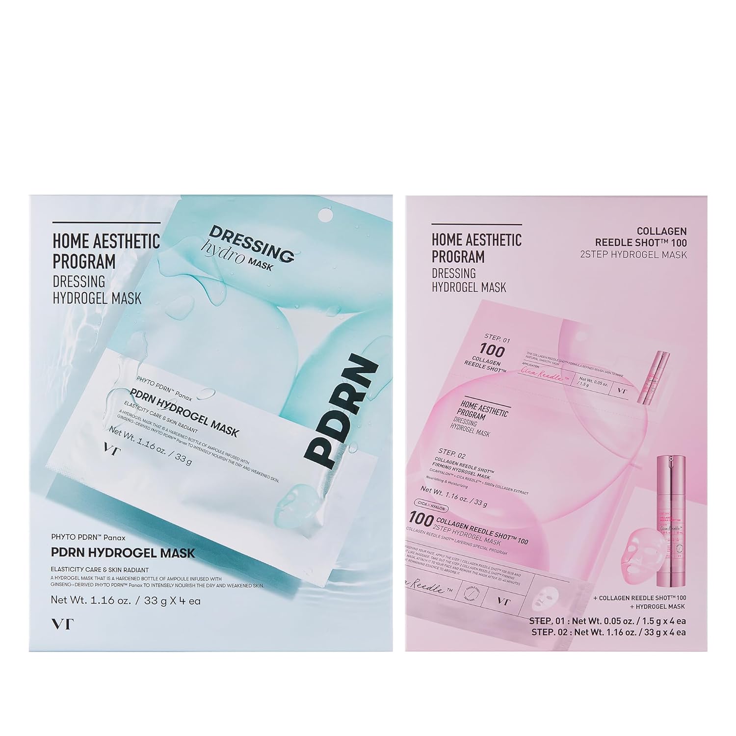 Vt Cosmetics Bundle Pdrn Hydrogel Mask 4Pcs & Collagen Reedle Shot 100 2-Step Hydrogel Mask 4Pcs