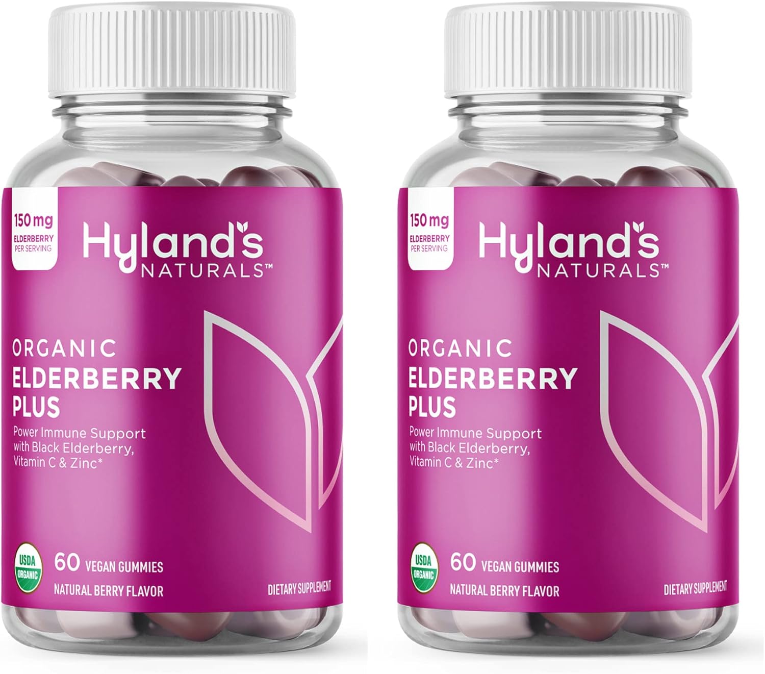 Hyland'S Organic Sambucus Elderberry Gummies, Black Elderberry With Zinc And Vitamin C, Immune Support Supplement For Adults (2 Bottles Of 60 Each) Naturals