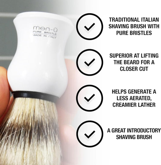 Men-Ü Barbiere Pure Bristle Shaving Brush (White) – Traditional Shaving Brush Set From Italy With Pure Bristles. A Great Introductory Shaving Brush. Includes 15Ml Shave Cream Tube