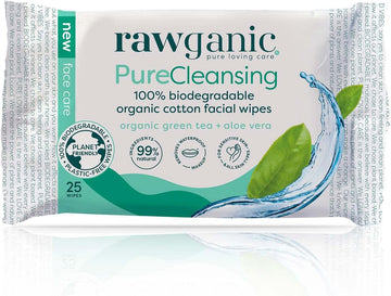 RAWGANIC Pure Cleansing Refreshing Facial Wipes with Aloe Vera and Green Tea | Gentle Soothing Biodegradable Makeup Removal Organic Cotton Wipes | 1 Pack (25 wipes in total)