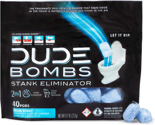 Dude Bombs - Toilet Stank Eliminator (1 Pack, 40 Pods) & Toilet Spray (2.5 Oz Spray Bottle), Forest Fresh Scent - Toilet Bowl Freshener