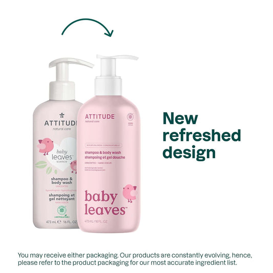 ATTITUDE 2-in-1 Shampoo and Body Wash for Baby, Fragrance-Free EWG Hypoallergenic Plant- and Mineral-Based Ingredients, Vegan and Cruelty-Free, Unscented, 16 Fl Oz