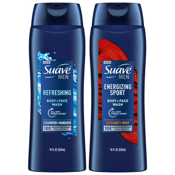 Suave Men Body Wash Variety 2-Pack – Refreshing Body + Face Wash, Cedarwood & Mandarin + Energizing Sport Body + Face Wash, Bergamot & Wood, 18 Oz Ea