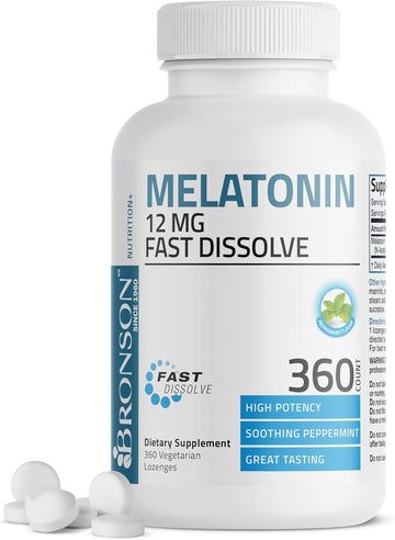 Bronson Melatonin 12Mg Fast Dissolve Nighttime Sleep Aid Support & Relaxation Support, 360 Peppermint Vegetarian Lozenges