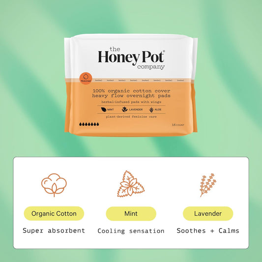 The Honey Pot Company - Herbal Overnight Heavy Flow Pads w/Wings - Organic Pads for Women - Infused w/Essential Oils for Cooling Effect, Cotton Cover, & Ultra-Absorbent Pulp Core -Feminine Care- 16 ct