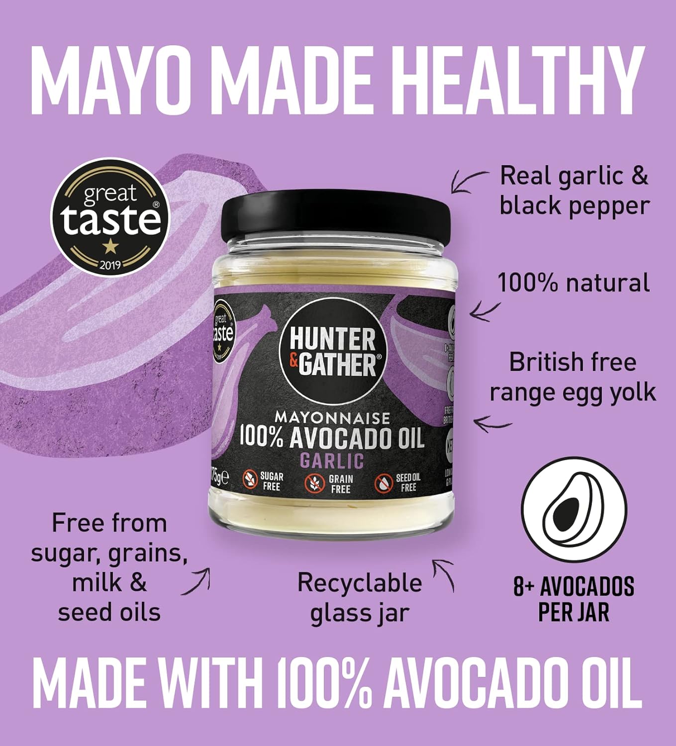 Hunter & Gather Avocado Oil Keto Seed Oil Free Mayonnaise Variety Pack 3x175g | 1xClassic, 1xGarlic, 1xChipotle & Lime | Made with Pure Avocado Oil & Free Range British Egg Yolk | Gluten & Sugar Free : Amazon.co.uk: Grocery