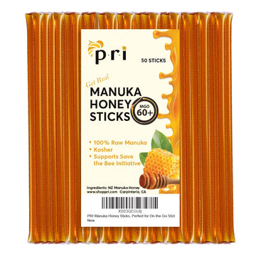 P.R.I Manuka Honey Sticks, Certified Mgo 60+, Raw New Zealand Manuka Honey, Perfect For On-The-Go, 10Ct