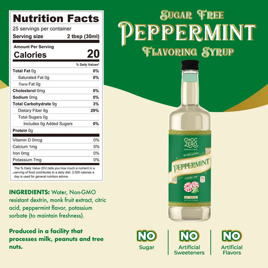 Choczero Sugar Free Peppermint Syrup For Coffee - Keto Flavoring Syrups - Low Calorie Simple Syrup For Flavored Drinks, 25.4 Ounces Bottle (Pack Of 1)