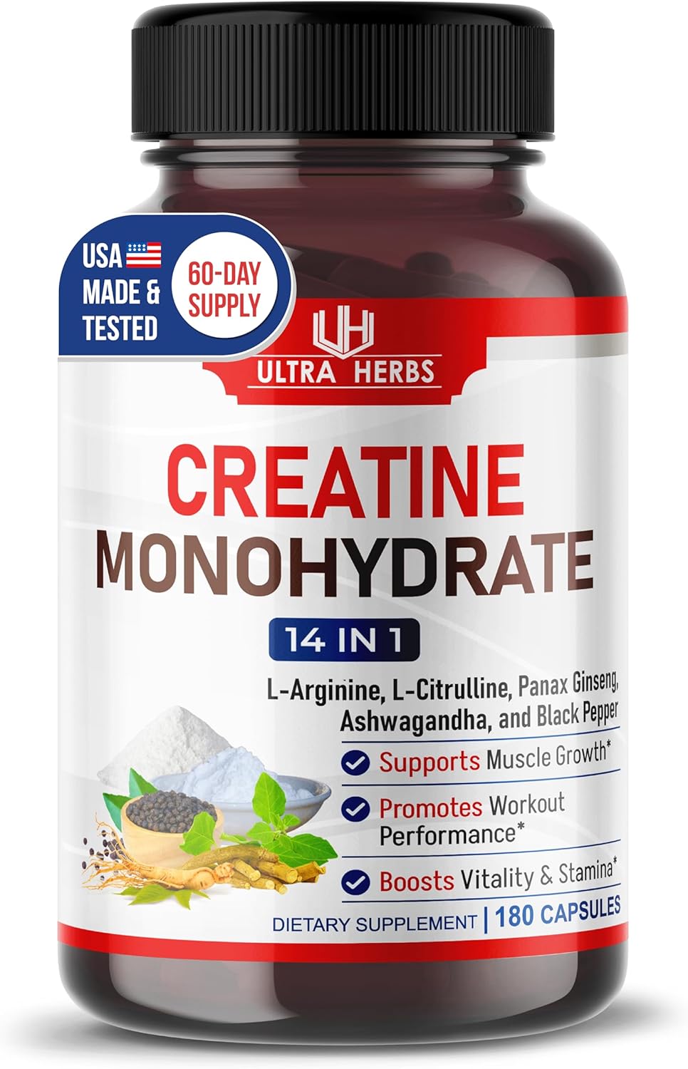 Ultra Creatine Pills | Creatine Monohydrate Capsules Enhanced With L-Arginine, L Citrulline, Ginseng | Support Stamina, Energy & Muscle Growth | 180 Capsules