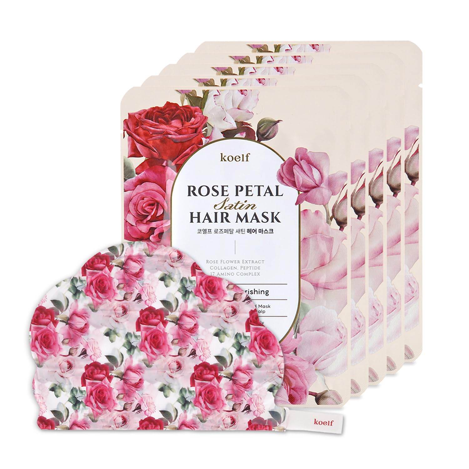 Petitfee Rose Petal Satin Hair Mask (5Ea) - Intensive Nourishing & Repairing Hair Cap Mask For Silky, Moisturizing Hair, Strengthens Hair And Scalp, Rose Essence Hair Treatment