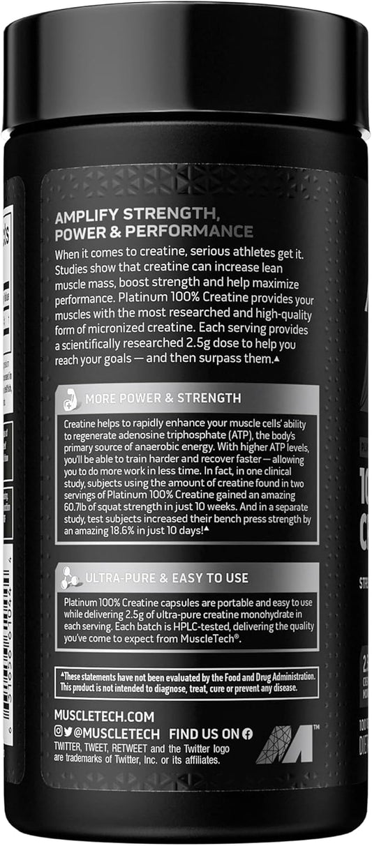 Muscletech Platinum 100% Creatine Pills | Creatine Monohydrate Pill| | Muscle Recovery + Builder For Men & Women | Workout Supplements | 100 Count