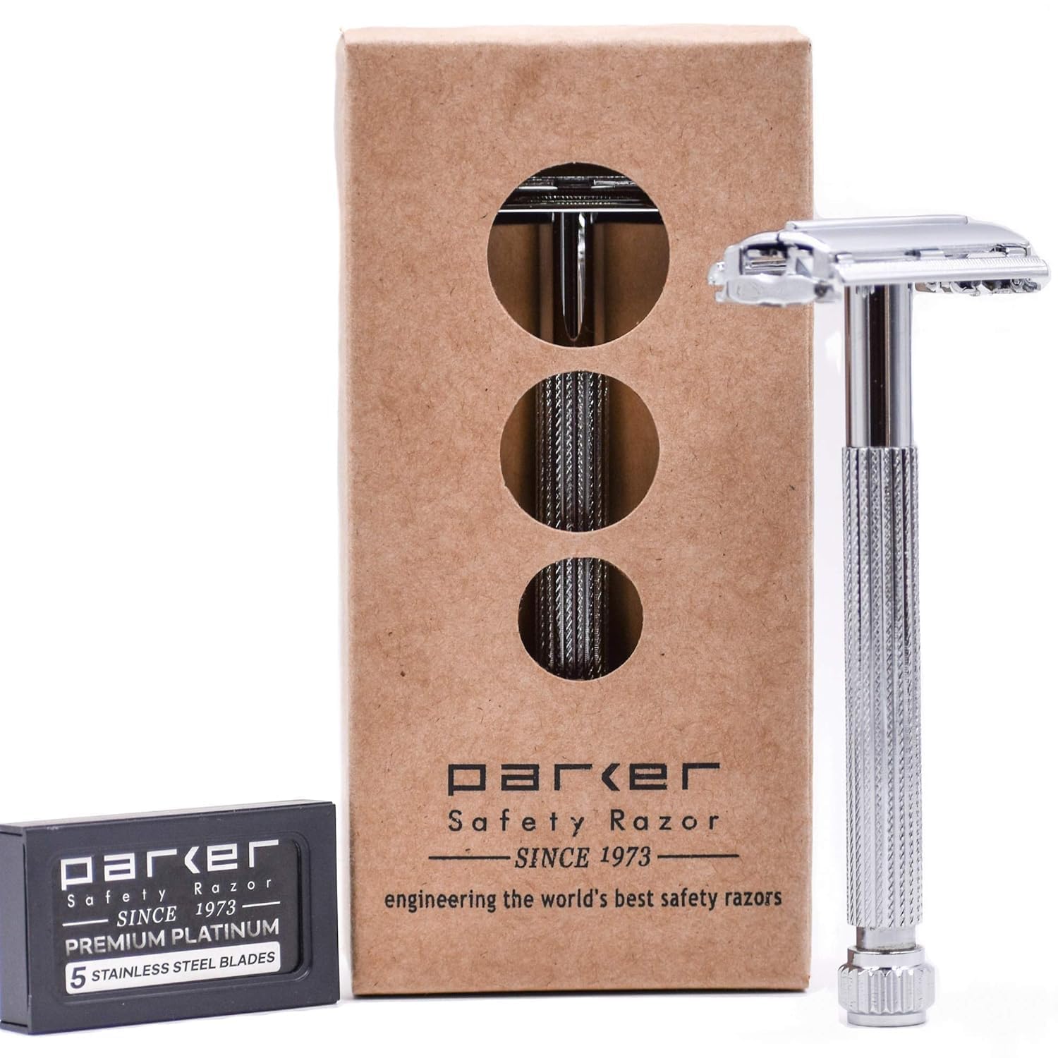 Parker 29L Rose Gold, Long Handle Butterfly Open Double Edge Safety Razor For Men & Women, 5 Parker Premium Platinum Double Edge Razor Blades Included
