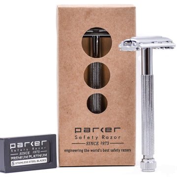 Parker 29L Rose Gold, Long Handle Butterfly Open Double Edge Safety Razor For Men & Women, 5 Parker Premium Platinum Double Edge Razor Blades Included