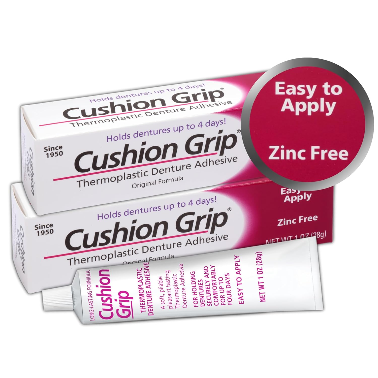 Cushion Grip Thermoplastic Denture Adhesive, 1 Oz - Refits And Tightens Loose And Uncomfortable Dentures | Non-Glue Adhesive, Acts Like A Soft Reliner (Pack Of 2)