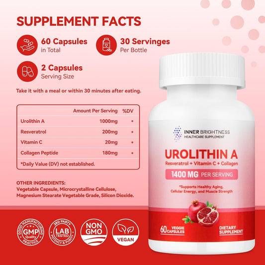 Urolithin A Supplement 1400 Mg - Non-Gmo, Gluten-Free, Anti-Aging, Cellular Renewal, Muscle Strength, Endurance & Longevity Support, Liposomal Urolithin A, 60 Count