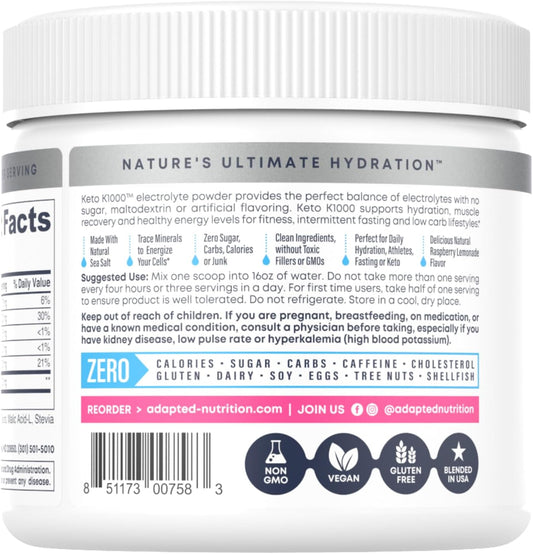 Hi-Lyte Keto K1000 Electrolyte Powder | Raspberry Lemon | Hydration Supplement Drink Mix | Boost Energy & Beat Leg Cramps | No Sugar, No Maltodextrin | 50 Servings