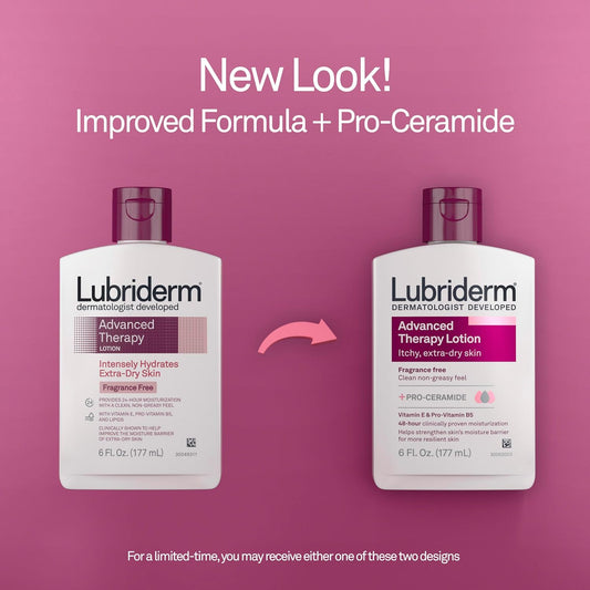 Lubriderm Advanced Therapy Fragrance Free Moisturizing Hand & Body Lotion + Pro-Ceramide With Vitamins E & Pro-Vitamin B5, Intense Hydration For Itchy, Extra Dry Skin, Non-Greasy, 6 Fl. Oz