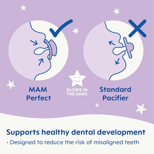 Mam Perfect Night Baby Pacifier, Patented Nipple, Glows In The Dark, 2 Pack, 16+ Months, Blue/Boy