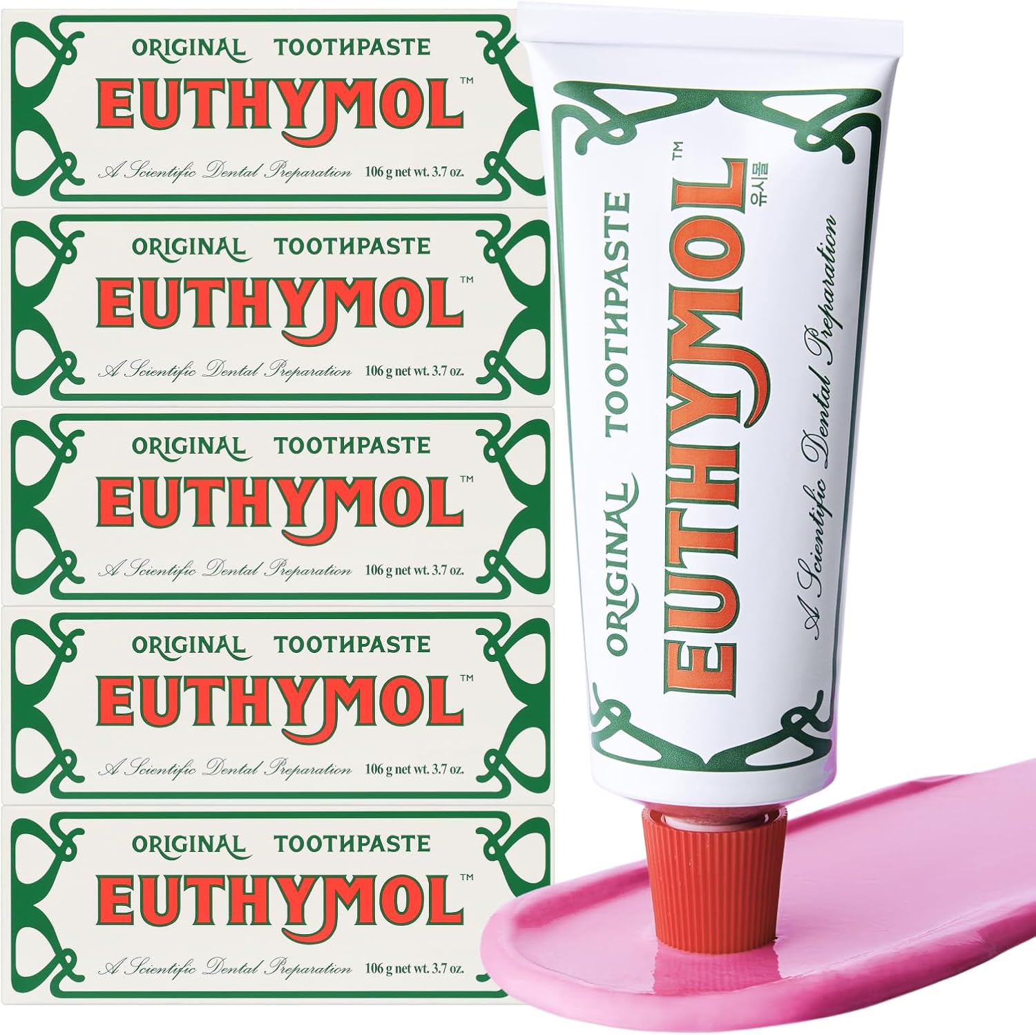 Euthymol Original Toothpaste (3.7Fl Oz, Pack Of 5) - Fluoride-Free Toothpaste For Sensitive Teeth & Gum. Bad Breath, Cavity Prevention, 12-Hour Long Lasting Freshness With Wintergreen