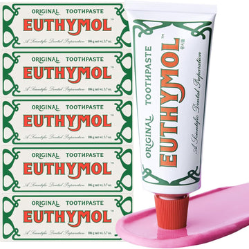 Euthymol Original Toothpaste (3.7Fl Oz, Pack Of 5) - Fluoride-Free Toothpaste For Sensitive Teeth & Gum. Bad Breath, Cavity Prevention, 12-Hour Long Lasting Freshness With Wintergreen