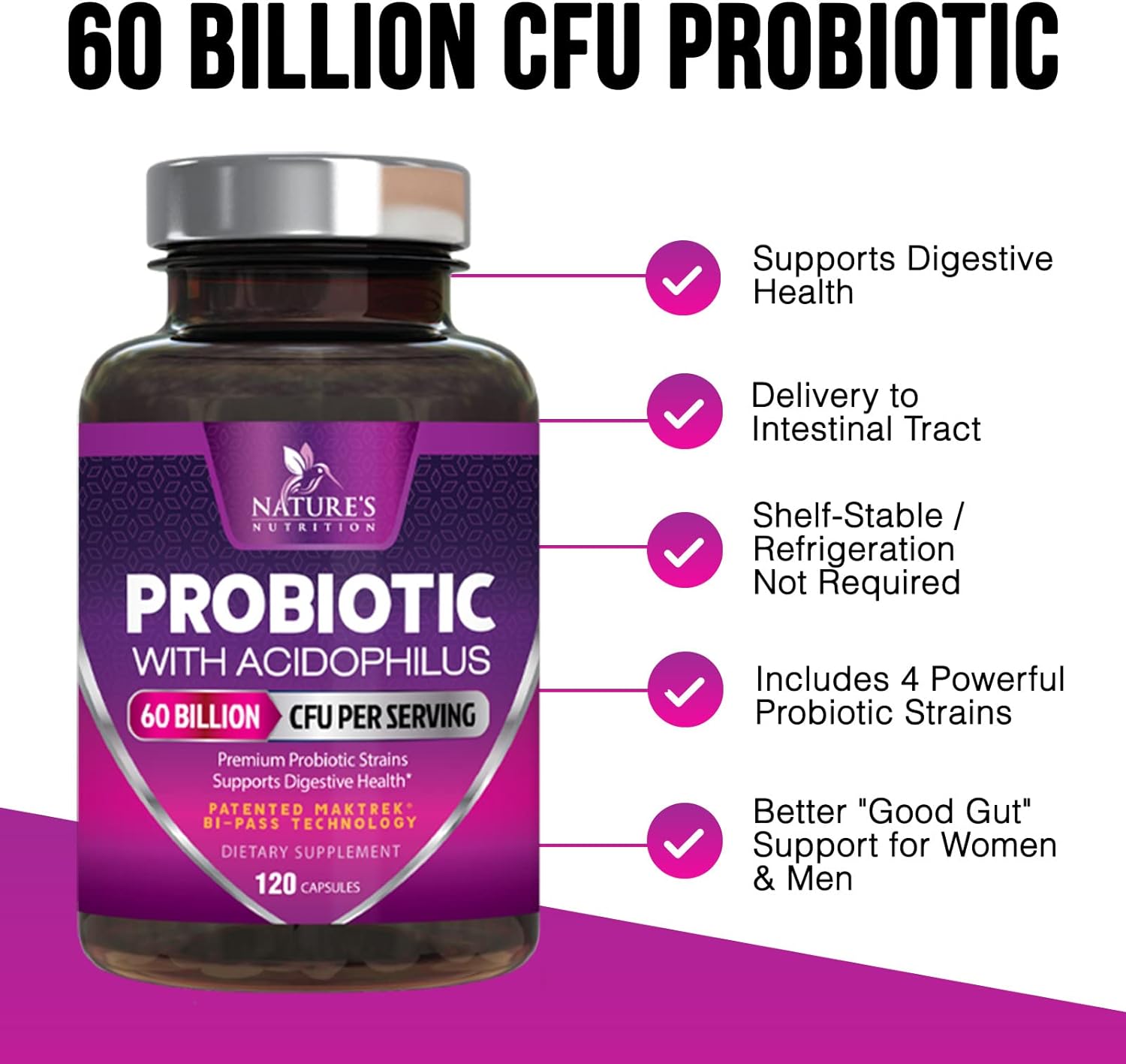 Probiotics, 60 Billion CFU per Serving, Probiotic with Prebiotics for Digestive & Immune Health Support for Women & Men - Nature's Supplement is Shelf Stable, Soy, Dairy & Gluten Free - 120 Capsules : Health & Household